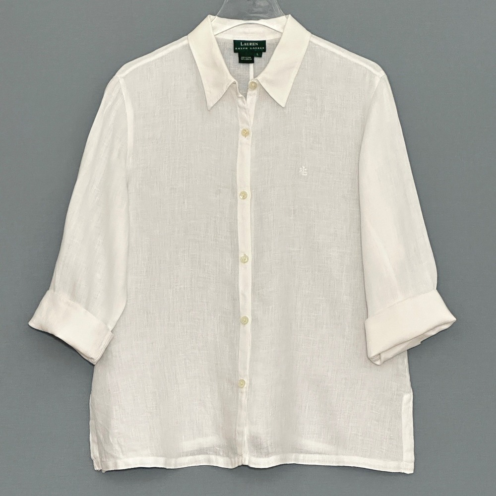 LRL Ralph Lauren Women Top L White 100% Linen 3/4 Sleeve Old Money Coastal Prep